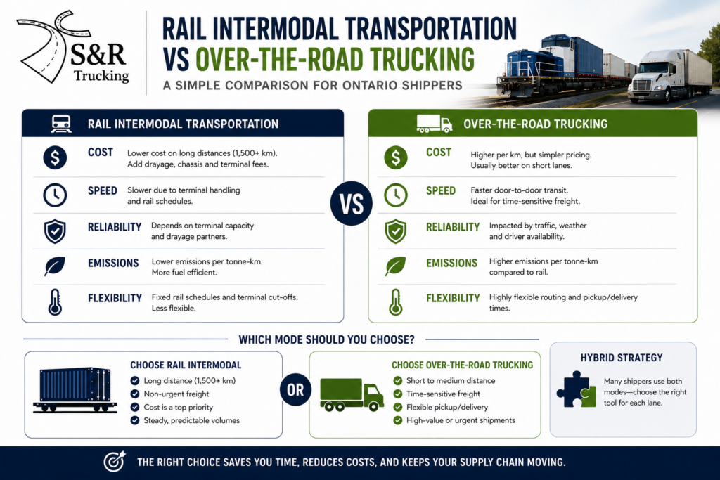 Simple infographic comparing rail intermodal transportation vs over-the-road (OTR) trucking for Ontario shippers. The graphic highlights differences in cost, speed, reliability, emissions, flexibility, and ideal use cases, featuring the S&R Trucking logo, freight train, and transport truck.
